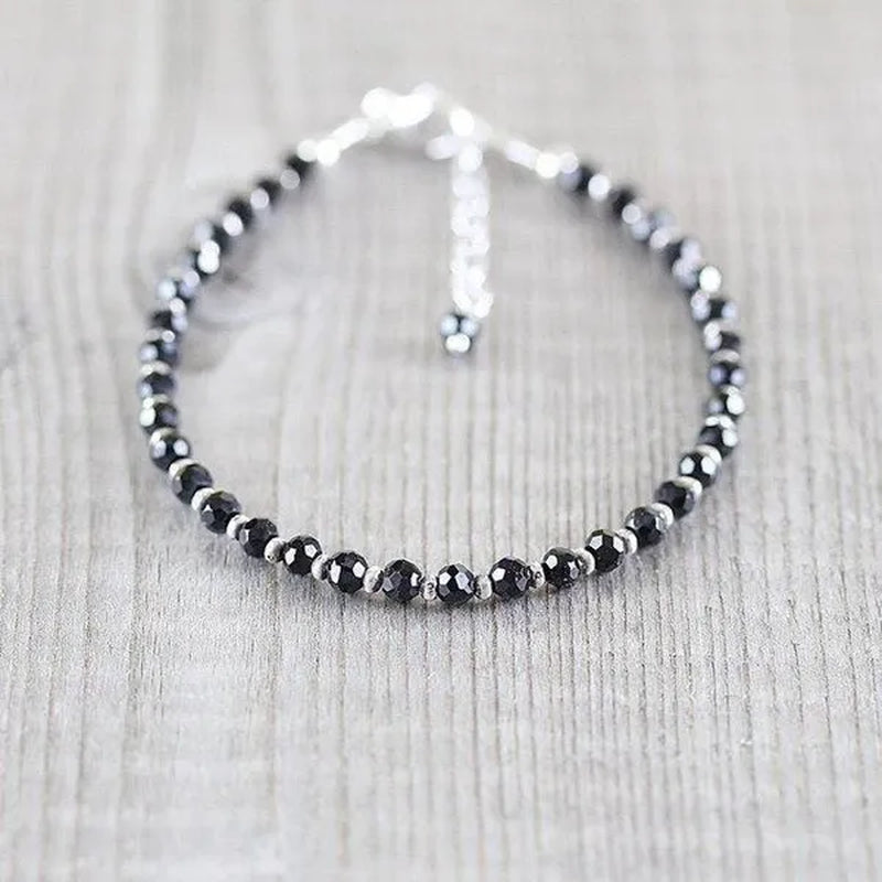 Black Spinel, Sterling & Karen Hill Tribe Silver Bracelet Boho Beaded Gemstone Bracelet Dainty Stacking Bracelet - WORLD TIME VISITS