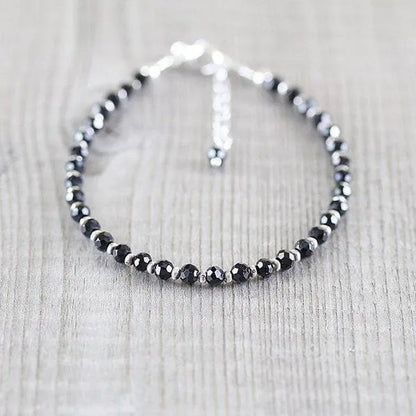 Black Spinel, Sterling & Karen Hill Tribe Silver Bracelet Boho Beaded Gemstone Bracelet Dainty Stacking Bracelet - WORLD TIME VISITS