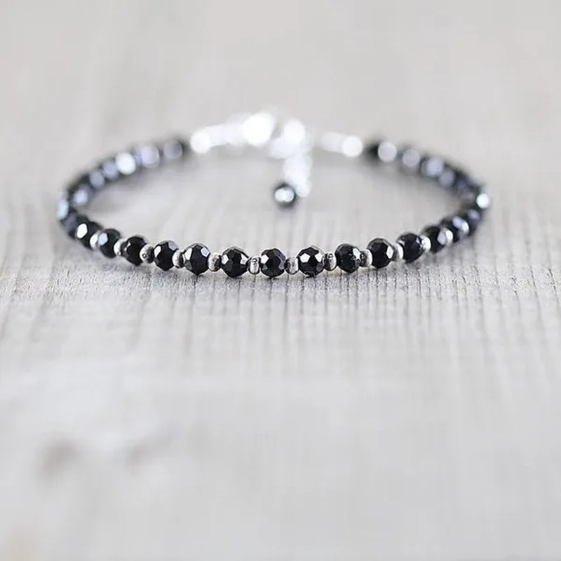 Black Spinel, Sterling & Karen Hill Tribe Silver Bracelet Boho Beaded Gemstone Bracelet Dainty Stacking Bracelet