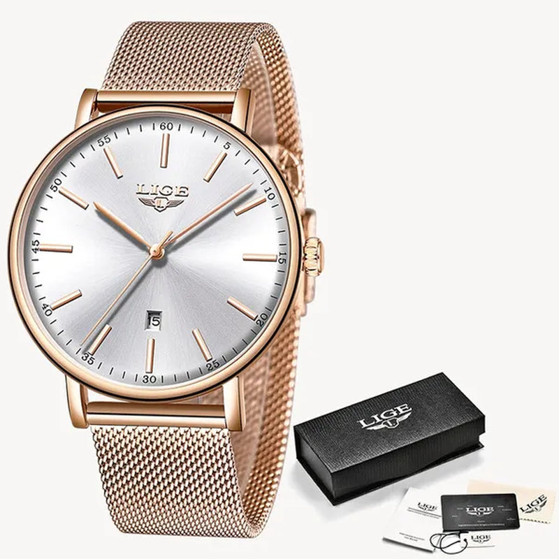 2019 LIGE Luxury Rose Gold Ladies Watch Simple Fashion Casual Ladies Watch Ultra-Thin Waterproof Quartz Watch Montre Femme