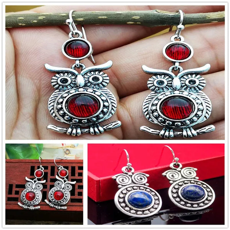 Retro Tibetan Silver Natural Ruby Sapphire Inlay Owl Ear Hook Dangle Earrings Gift for Women - WORLD TIME VISITS