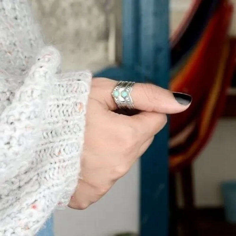 Antique 925 Sterling Silver Turquoise Ring for Women Boho Bohemian Blue Stone Thumb Chevron