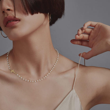 14K Gold Plated Cross Necklace for Women, Gold Pearl Necklace with Cross Pendant Dainty Cross Choker Necklace Trendy Faith Jewelry Religious Gifts