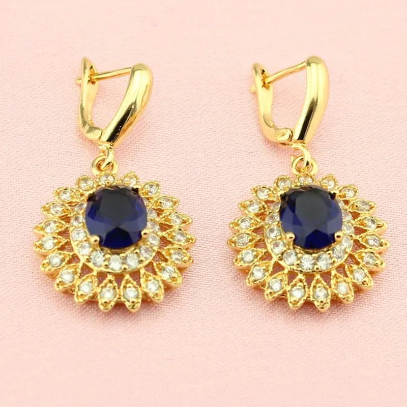 Women's Fashion Flower Shaped Gold Color Jewelry Sets Blue Zircon Earrings Pendant Rings Bracelet