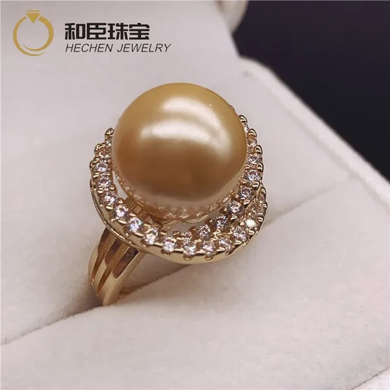 925 Sterling Silver 18K Gold with Diamonds Natural South Sea Gold Pearl Pearl Powder Ring Pearl Ring Finger Ring for Mother