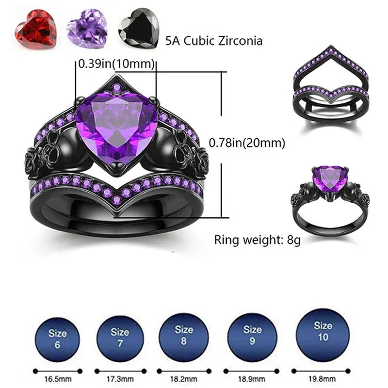 Gothic Black Rose Flower Skull Engagement Rings Set Red Purple Heart-shaped Zircon Crystal Wedding Anniversary Holiday Gift Jewelry
