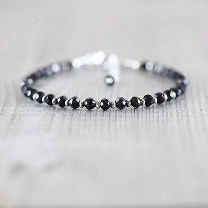 Black Spinel, Sterling & Karen Hill Tribe Silver Bracelet Boho Beaded Gemstone Bracelet Dainty Stacking Bracelet - WORLD TIME VISITS