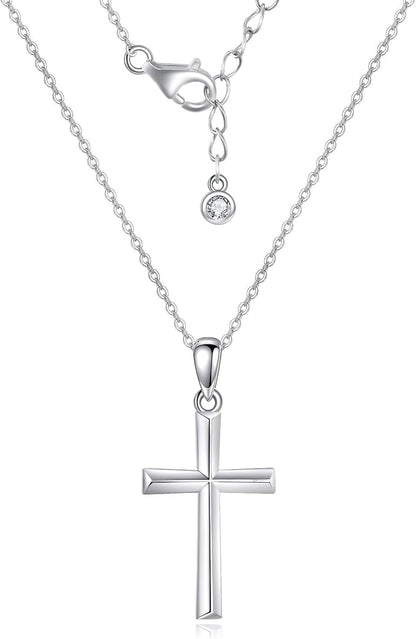 Minimalist Cross Necklace 925 Sterling Silver Dainty Pendant with Zircon Tail Chain, Simple Religious Jewelry Gift for Women