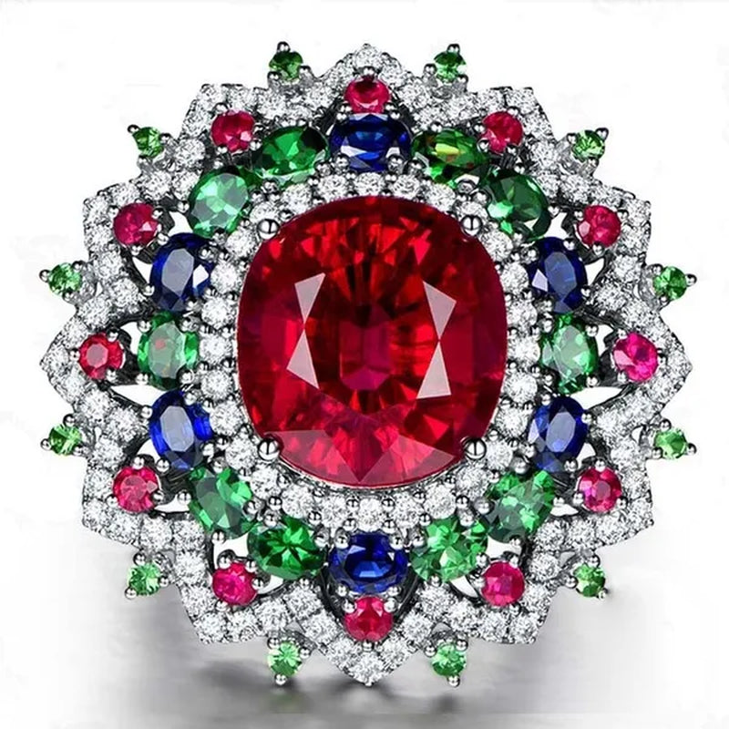 Luxury Silver Ruby & Emerald & Sapphire & White Sapphire Natural Stone Birthstone Gemstones Engagement Eyes Brand Flower Rings Wedding Anniversary Bride Women Ring Size 678910