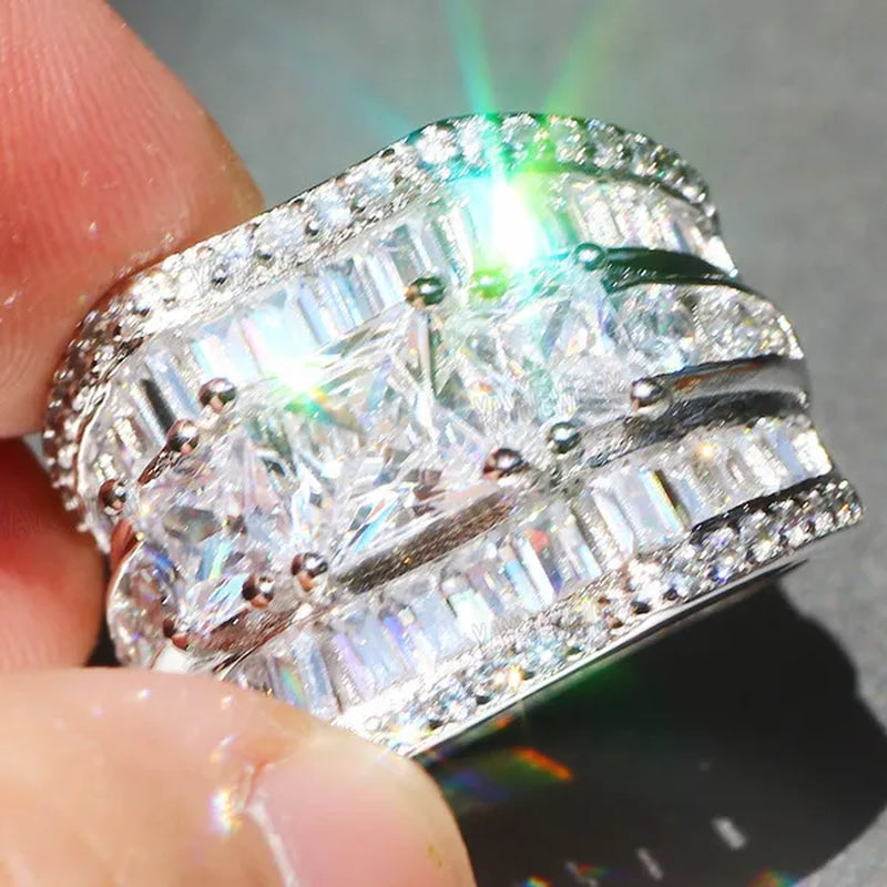 Luxury Silver White Sapphire Flower Ring Natural Gemstones Birthstone Engagement Rings Wedding Anniversary Bride Women Man Princess Cross Ring Size 6 7 8 9 10