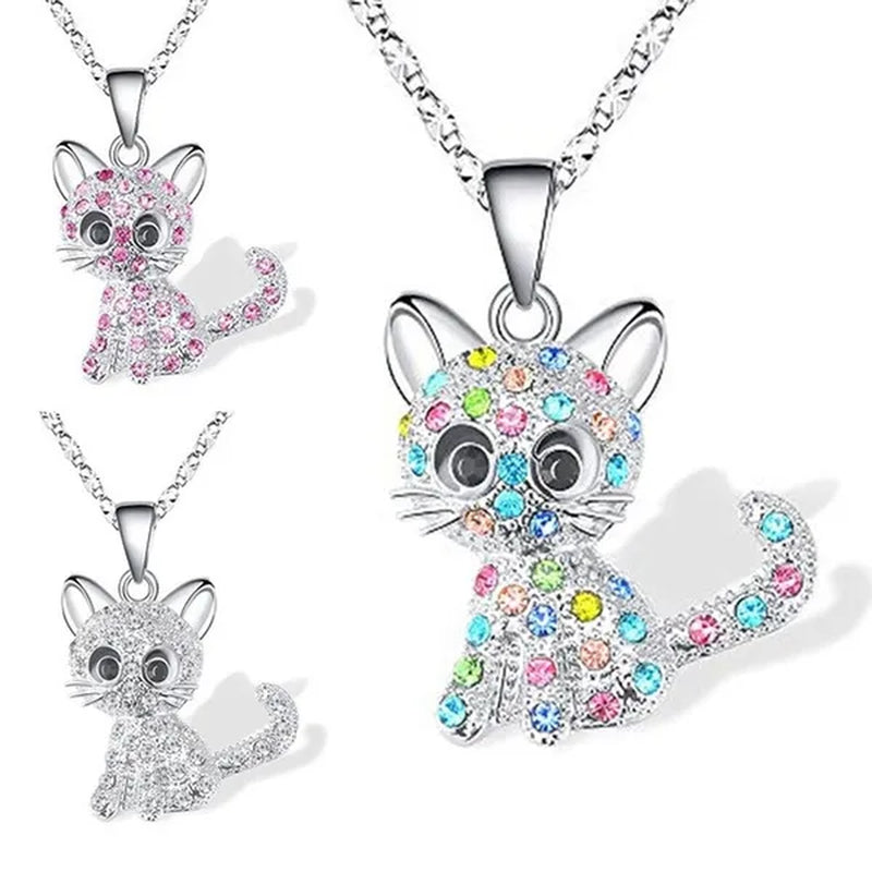 Elegant Fashion Creativity European and American Personality Women'S Zircon Cat Jewelry Diamond Necklace Color Zircon Necklace Classic Cat Necklace Exquisite Women'S Necklace Valentine'S Day Christmas Anniversary Gift Necklace