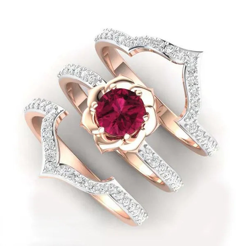 3 pcs/set of exquisite bridal wedding jewelry Rose petals inlaid with red zircon ring Gypsophila Zircon Ring Embracing Roses set engagement wedding ring birthday Christmas gift ring jewelry size 5-13