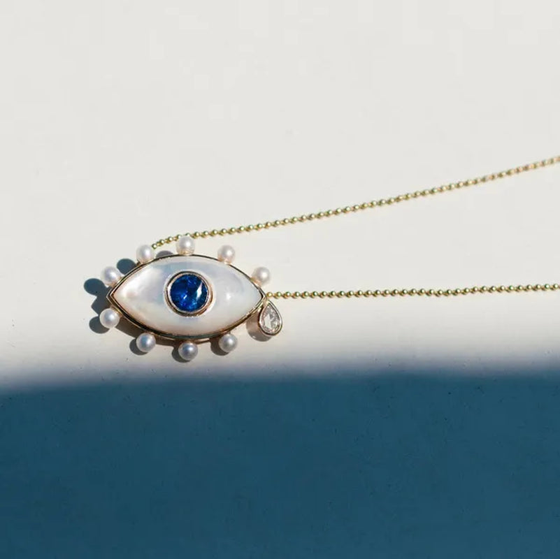 New Fashion Women Sapphire Evil Eye South Sea Moby Pearl & Blue Sapphire & One Pear Shape Rose Cut Diamond Weighs 0.28ct (F/VS) Necklace Bead Chain Necklace Wedding Engagement Gift Jewelry