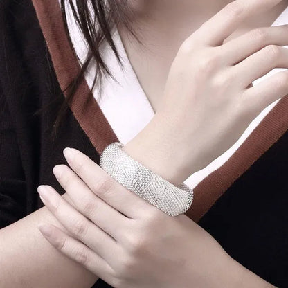 Charm 925 Sterling Silver Bangle Rings Earrings Bracelets Jewelry Set Hot Fine Weave Net Fashion Party Gifts