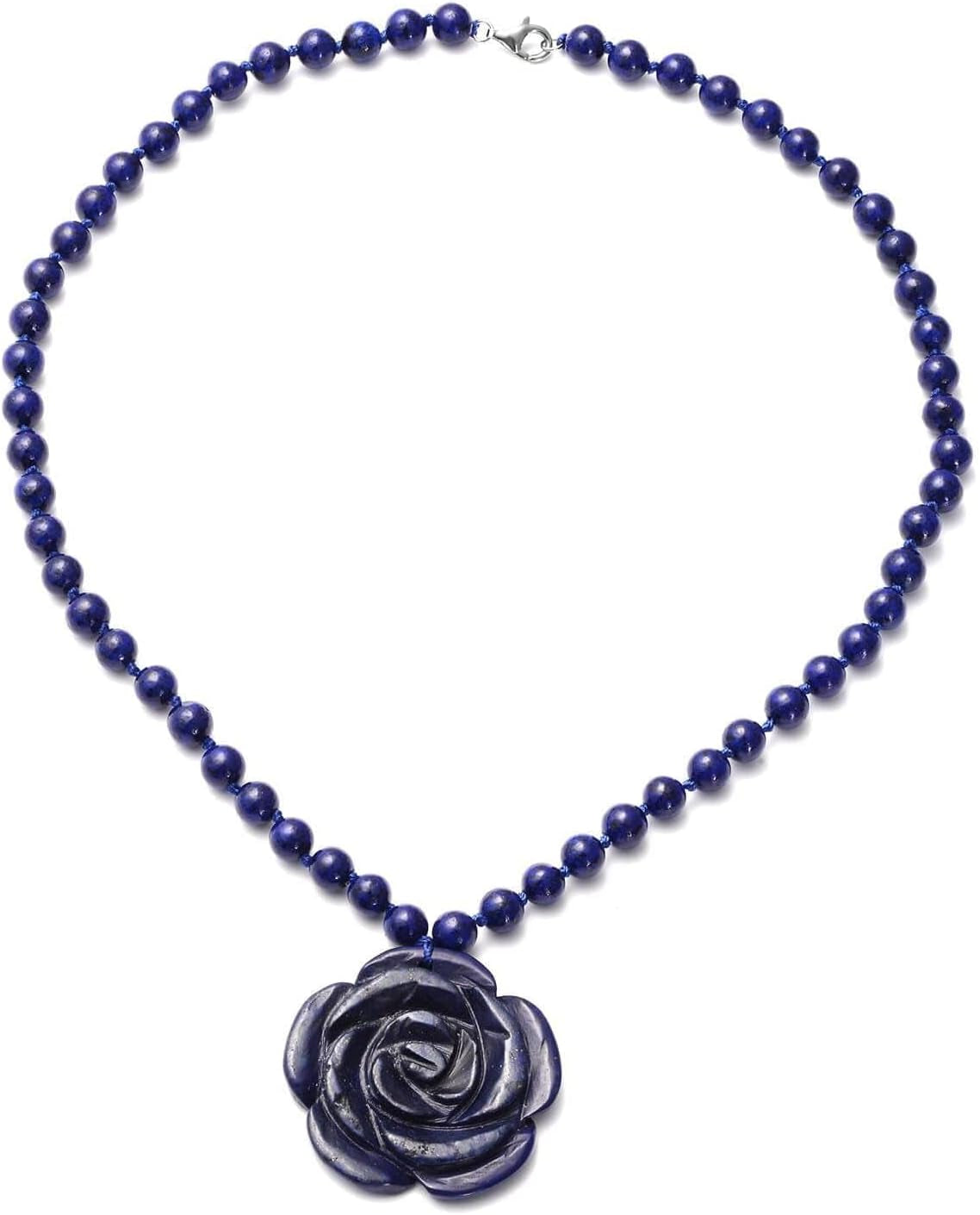 Carved Rose Blue Lapis Lazuli Beaded Necklace for Women 925 Sterling Silver Rhodium Plated Gifts for Women Size 18" Birthday Gifts