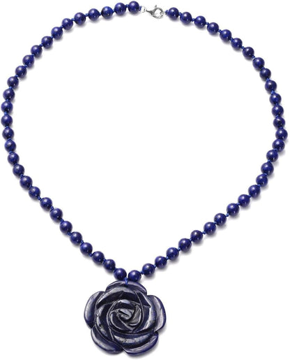 Carved Rose Blue Lapis Lazuli Beaded Necklace for Women 925 Sterling Silver Rhodium Plated Gifts for Women Size 18" Birthday Gifts