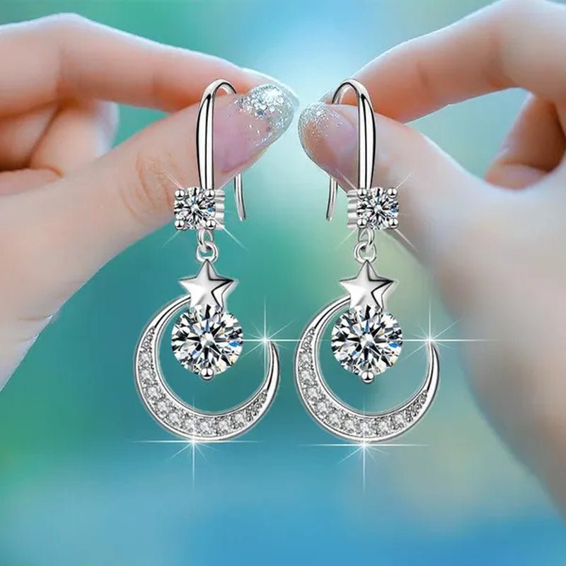 Female Fashion Star Moon Earrings Silver Plated Pink Blue White Cubic Zirconia Dangle Earrings Bride Wedding Engagement Anniversary Valentine's Day Gift Jewelry - WORLD TIME VISITS