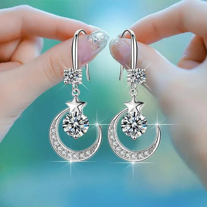Female Fashion Star Moon Earrings Silver Plated Pink Blue White Cubic Zirconia Dangle Earrings Bride Wedding Engagement Anniversary Valentine's Day Gift Jewelry - WORLD TIME VISITS