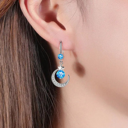 Female Fashion Star Moon Earrings Silver Plated Pink Blue White Cubic Zirconia Dangle Earrings Bride Wedding Engagement Anniversary Valentine's Day Gift Jewelry - WORLD TIME VISITS