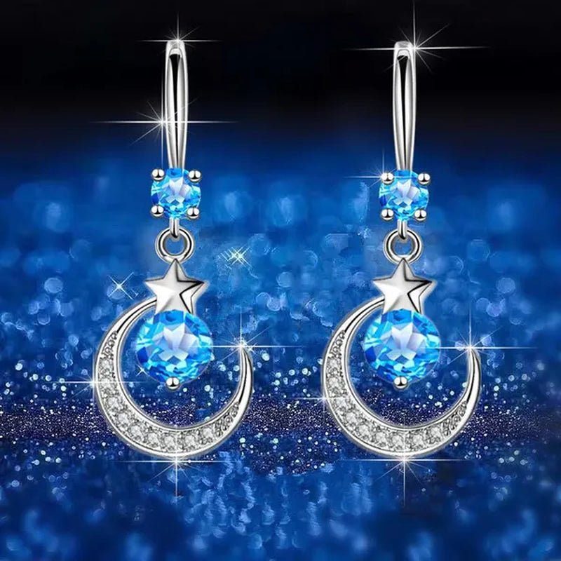 Female Fashion Star Moon Earrings Silver Plated Pink Blue White Cubic Zirconia Dangle Earrings Bride Wedding Engagement Anniversary Valentine's Day Gift Jewelry - WORLD TIME VISITS