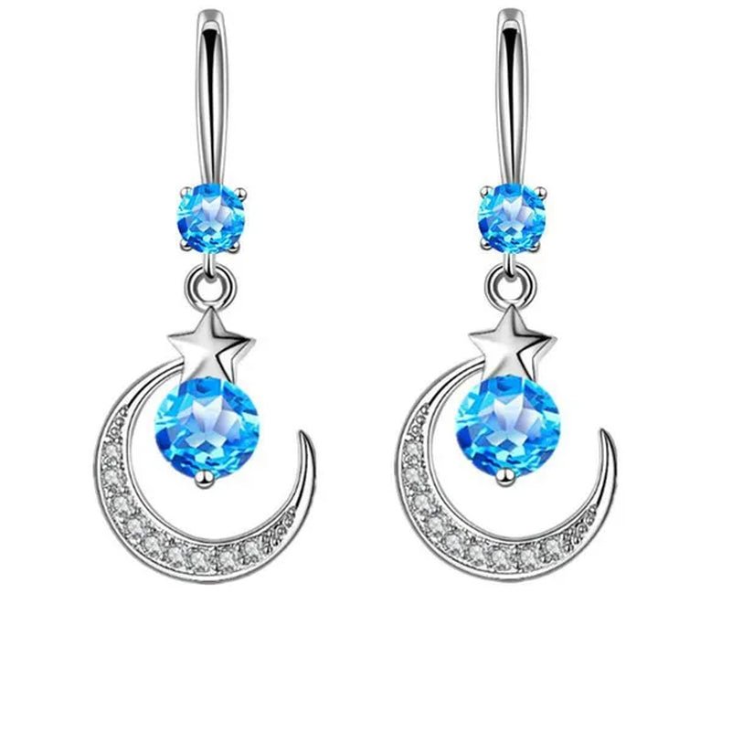Female Fashion Star Moon Earrings Silver Plated Pink Blue White Cubic Zirconia Dangle Earrings Bride Wedding Engagement Anniversary Valentine's Day Gift Jewelry - WORLD TIME VISITS