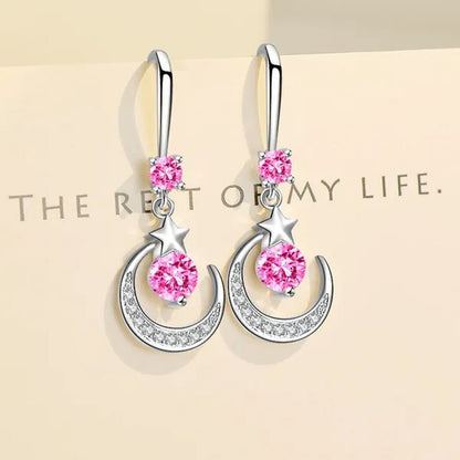 Female Fashion Star Moon Earrings Silver Plated Pink Blue White Cubic Zirconia Dangle Earrings Bride Wedding Engagement Anniversary Valentine's Day Gift Jewelry - WORLD TIME VISITS