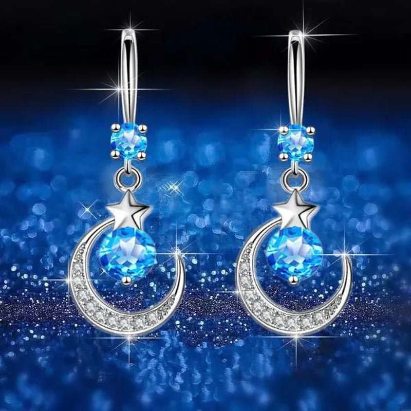 Female Fashion Star Moon Earrings Silver Plated Pink Blue White Cubic Zirconia Dangle Earrings Bride Wedding Engagement Anniversary Valentine's Day Gift Jewelry - WORLD TIME VISITS
