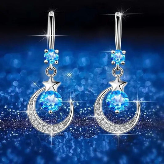 Female Fashion Star Moon Earrings Silver Plated Pink Blue White Cubic Zirconia Dangle Earrings Bride Wedding Engagement Anniversary Valentine's Day Gift Jewelry - WORLD TIME VISITS