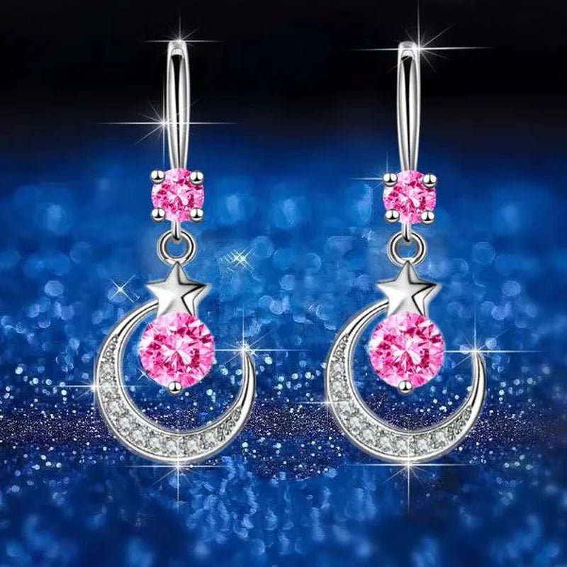 Female Fashion Star Moon Earrings Silver Plated Pink Blue White Cubic Zirconia Dangle Earrings Bride Wedding Engagement Anniversary Valentine's Day Gift Jewelry - WORLD TIME VISITS