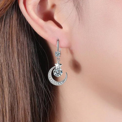 Female Fashion Star Moon Earrings Silver Plated Pink Blue White Cubic Zirconia Dangle Earrings Bride Wedding Engagement Anniversary Valentine's Day Gift Jewelry - WORLD TIME VISITS