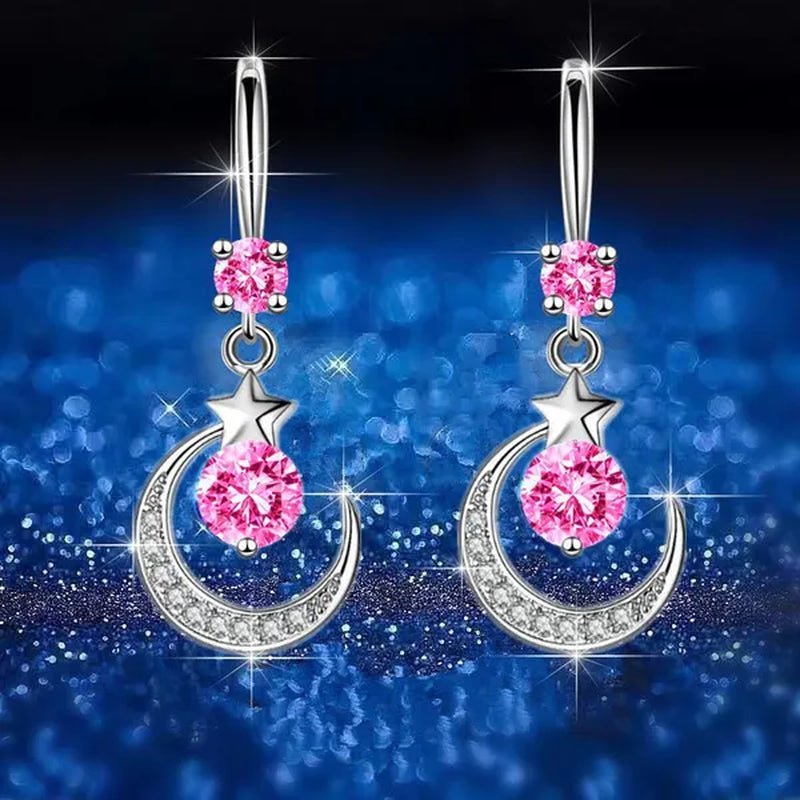 Female Fashion Star Moon Earrings Silver Plated Pink Blue White Cubic Zirconia Dangle Earrings Bride Wedding Engagement Anniversary Valentine's Day Gift Jewelry - WORLD TIME VISITS
