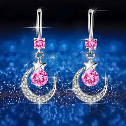 Female Fashion Star Moon Earrings Silver Plated Pink Blue White Cubic Zirconia Dangle Earrings Bride Wedding Engagement Anniversary Valentine's Day Gift Jewelry - WORLD TIME VISITS