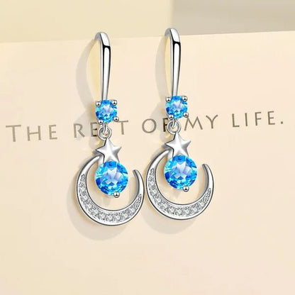 Female Fashion Star Moon Earrings Silver Plated Pink Blue White Cubic Zirconia Dangle Earrings Bride Wedding Engagement Anniversary Valentine's Day Gift Jewelry - WORLD TIME VISITS