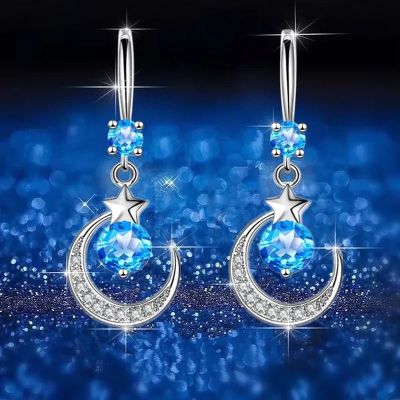 Female Fashion Star Moon Earrings Silver Plated Pink Blue White Cubic Zirconia Dangle Earrings Bride Wedding Engagement Anniversary Valentine's Day Gift Jewelry - WORLD TIME VISITS
