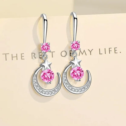 Female Fashion Star Moon Earrings Silver Plated Pink Blue White Cubic Zirconia Dangle Earrings Bride Wedding Engagement Anniversary Valentine's Day Gift Jewelry - WORLD TIME VISITS