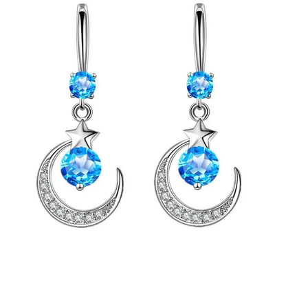 Female Fashion Star Moon Earrings Silver Plated Pink Blue White Cubic Zirconia Dangle Earrings Bride Wedding Engagement Anniversary Valentine's Day Gift Jewelry - WORLD TIME VISITS