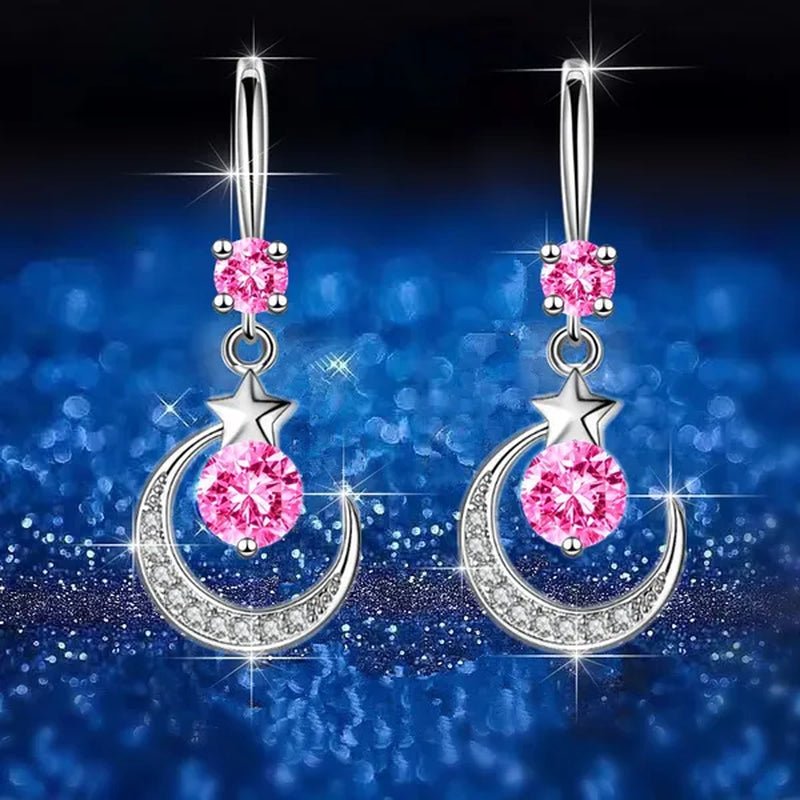 Female Fashion Star Moon Earrings Silver Plated Pink Blue White Cubic Zirconia Dangle Earrings Bride Wedding Engagement Anniversary Valentine's Day Gift Jewelry - WORLD TIME VISITS