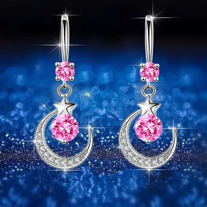 Female Fashion Star Moon Earrings Silver Plated Pink Blue White Cubic Zirconia Dangle Earrings Bride Wedding Engagement Anniversary Valentine's Day Gift Jewelry - WORLD TIME VISITS