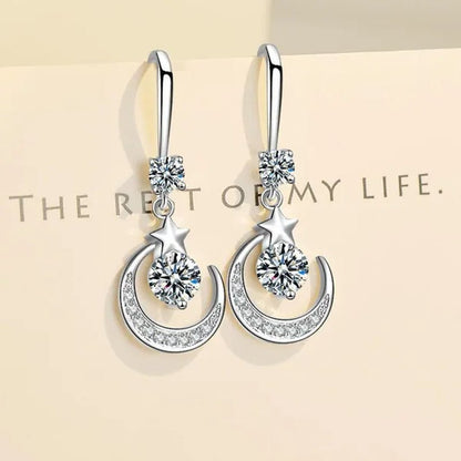 Female Fashion Star Moon Earrings Silver Plated Pink Blue White Cubic Zirconia Dangle Earrings Bride Wedding Engagement Anniversary Valentine's Day Gift Jewelry - WORLD TIME VISITS