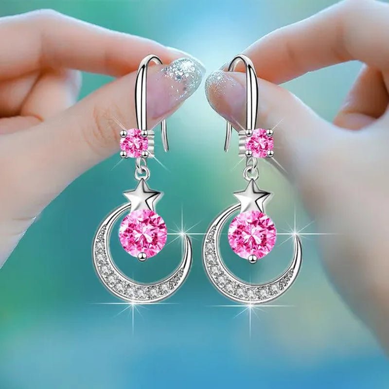 Female Fashion Star Moon Earrings Silver Plated Pink Blue White Cubic Zirconia Dangle Earrings Bride Wedding Engagement Anniversary Valentine's Day Gift Jewelry - WORLD TIME VISITS