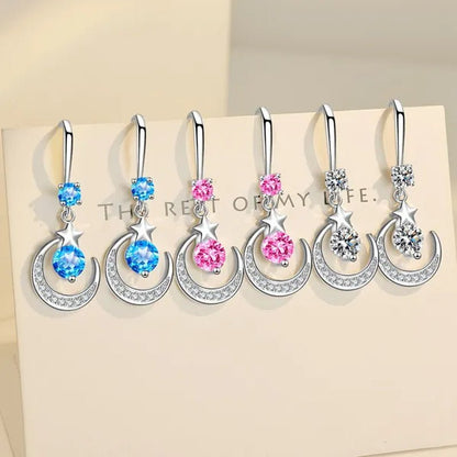 Female Fashion Star Moon Earrings Silver Plated Pink Blue White Cubic Zirconia Dangle Earrings Bride Wedding Engagement Anniversary Valentine's Day Gift Jewelry - WORLD TIME VISITS