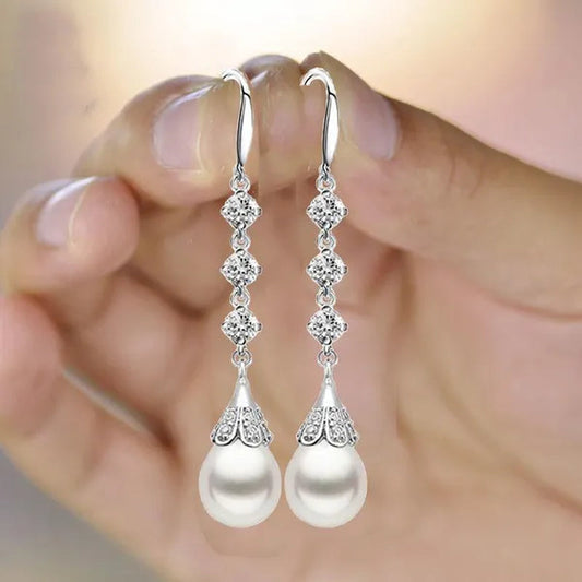 High Quality Temperament White Pearl Eardrop Earrings 925 Sterling Silver Long Earhook White Zircon Ear Jewelry