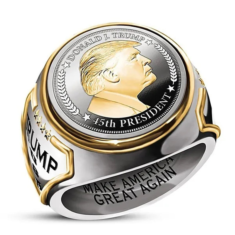925 Sterling Silver Plated Mens Fashion Ring Two Tone 18K Gold Plated"Make America Great Again" USA President Trump Statue Commemorative Coin Rings General Election Trump Supporters Jewelry Successfully Elected Souvenir Gift Size 6 - 13 - WORLD TIME VISITS