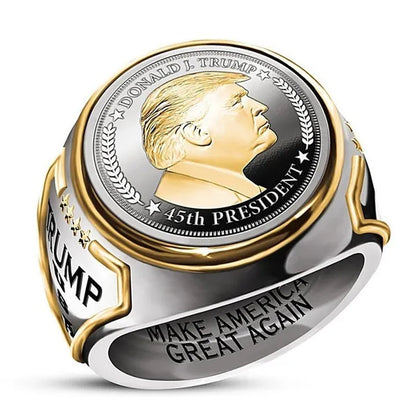 925 Sterling Silver Plated Mens Fashion Ring Two Tone 18K Gold Plated"Make America Great Again" USA President Trump Statue Commemorative Coin Rings General Election Trump Supporters Jewelry Successfully Elected Souvenir Gift Size 6 - 13 - WORLD TIME VISITS
