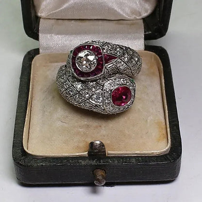 Antique Art Deco 925 Sterling Silver Ruby & Whiite Sapphire Ring Size 6 7 8 9 10