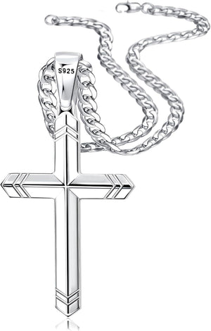 925 Sterling Silver Cross Necklace for Men Women, 5MM Durable Stainless Steel Non Tarnish Cuban Link Curb Chain with Silver Cross Pendant, Mens Cross Crucifix Necklaces Jewelry 16-30 Inches