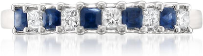 Prong-Set 1/2 CT Princess Cut Natural Diamond & Blue Sapphire Wedding Band (H-I, I1-I2) in 14K White Gold | Fine Jewelry for Women Girls | Gift Box Included