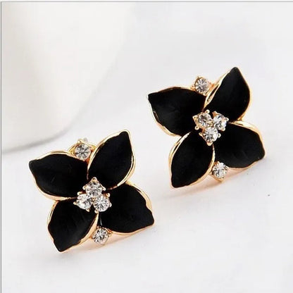 18K Gold Plated White Crystal Colorful Enamel Leaves Flower Omega Back Earrings Stud Earrings for Women Ladies Girls Jewelry