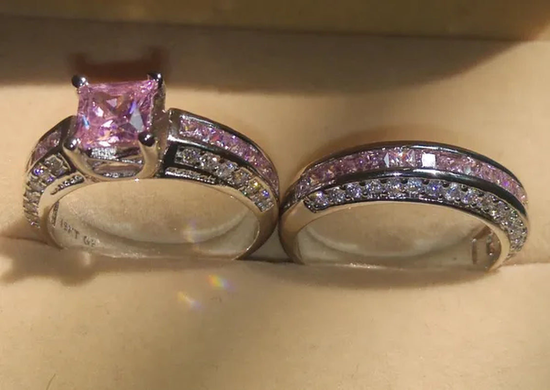 2Pcs/Set 925 Silver Plated Pink Purple White Sapphire CZ Wedding Set Rings Size 6-11  (Choice Color and Size )