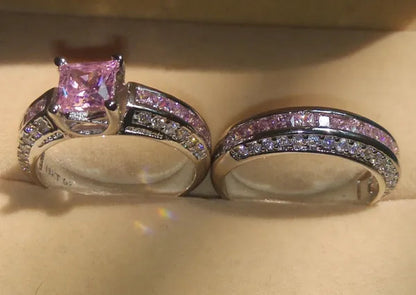 2Pcs/Set 925 Silver Plated Pink Purple White Sapphire CZ Wedding Set Rings Size 6-11  (Choice Color and Size )